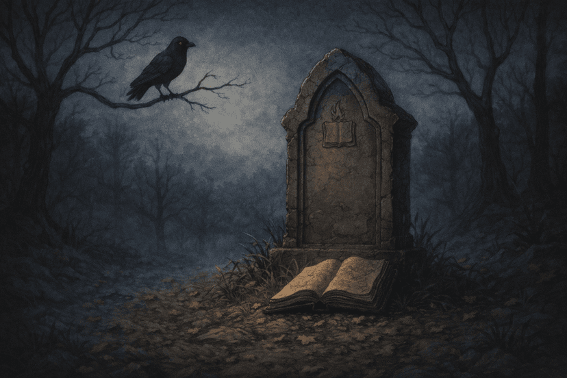 A lonely grave in a misty forest